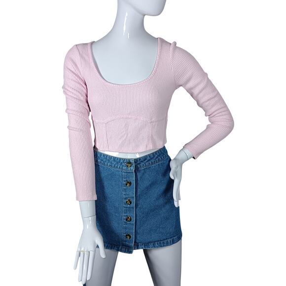 PAC Cares Ribbed Cropped Top Size Small Soft Pastel PInk Long Sleeve Wide Neck - Picture 2 of 8